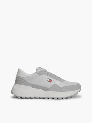 grey retro chunky sneaker van leer met logo en profielzool voor dames - tommy jeans