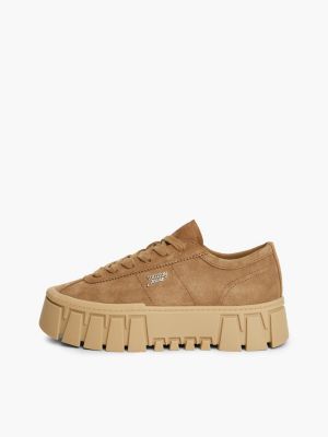 brown suede logo platform trainers for women tommy jeans