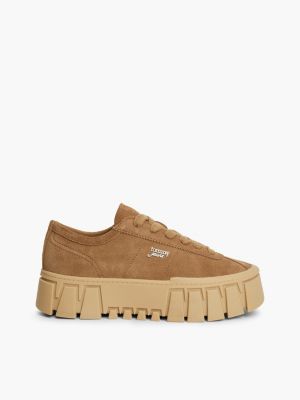brown suede logo platform trainers for women tommy jeans