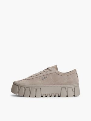grey suede logo platform trainers for women tommy jeans