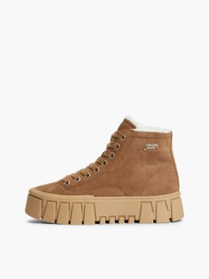 brown suede warm lined platform trainers for women tommy jeans