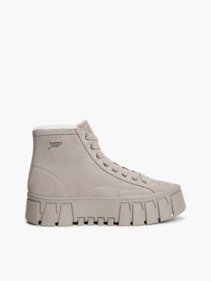 grey warme plateau-sneaker aus veloursleder für damen - tommy jeans
