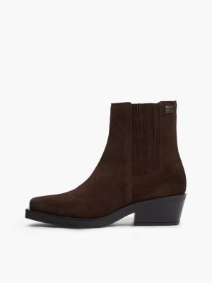brown suede tonal plaque western boots for women tommy jeans