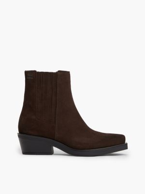 brown suede tonal plaque western boots for women tommy jeans