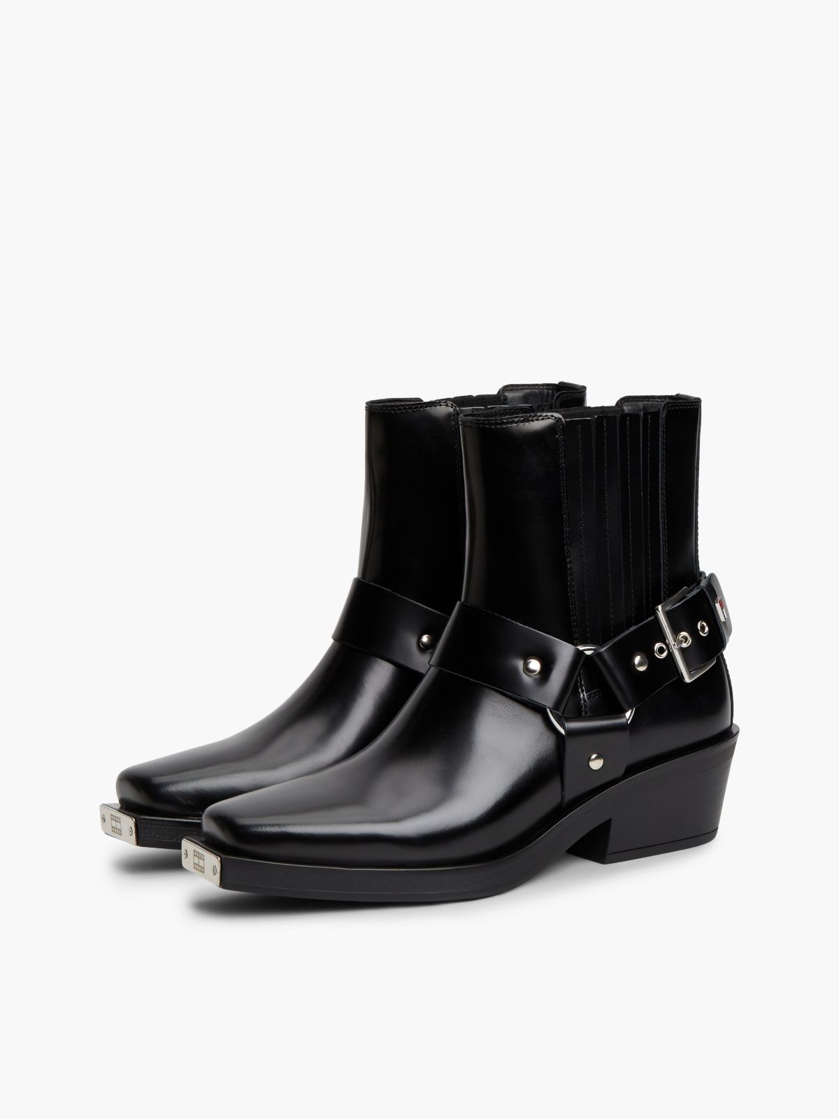 Leather Strap Buckle Western Boots — Black