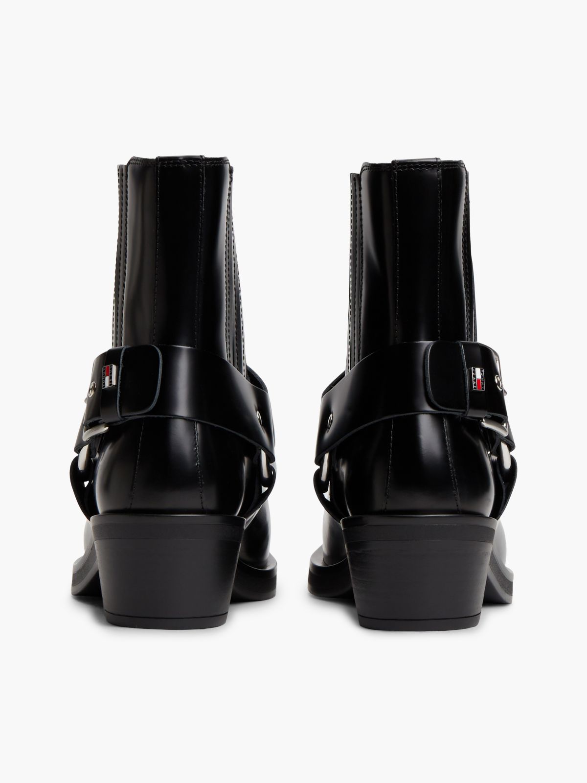 Leather Strap Buckle Western Boots — Black