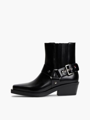 zwart leren western-laars met gespband voor dames - tommy jeans