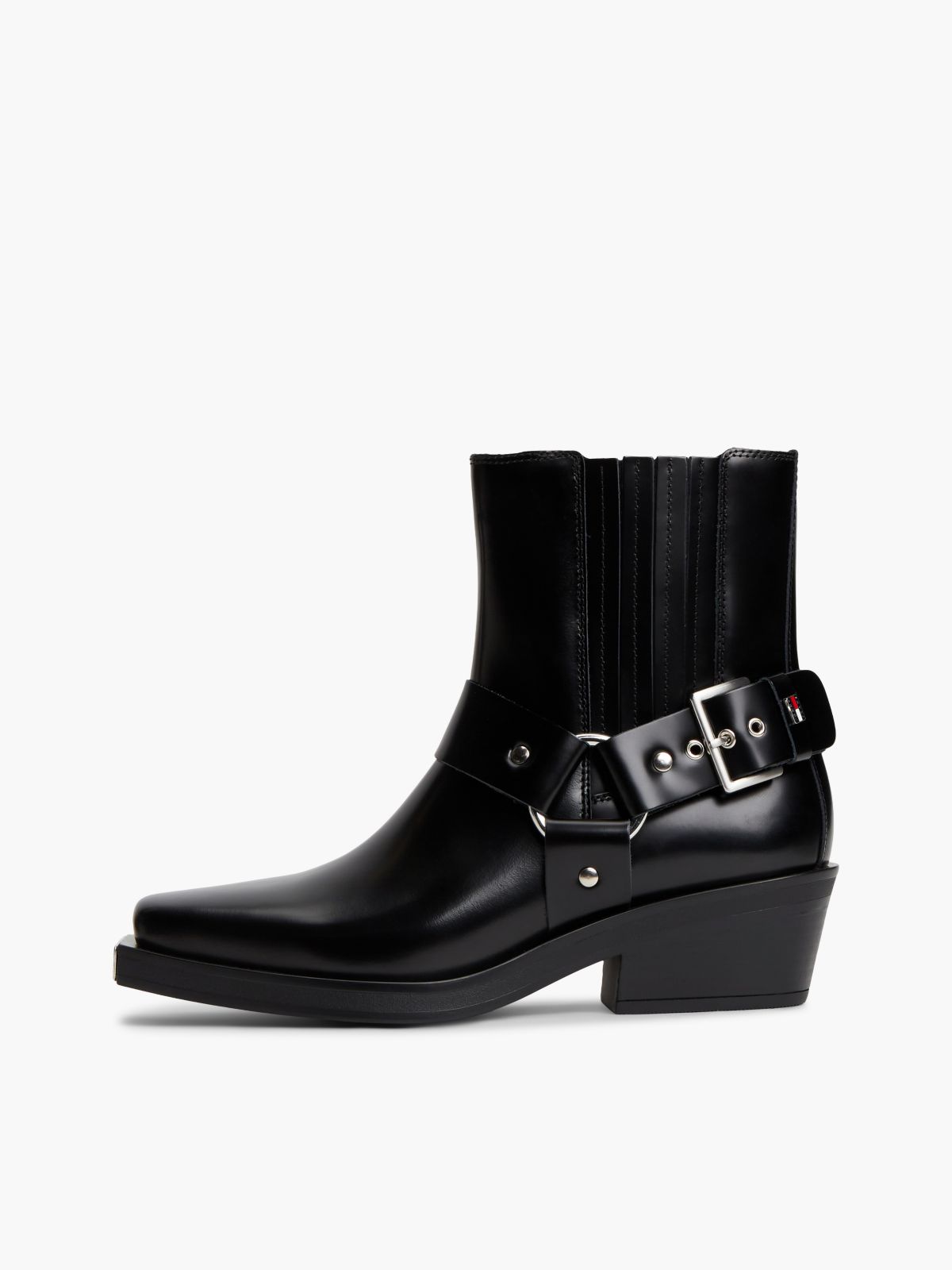 Leather Strap Buckle Western Boots — Black