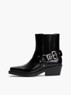 Leather Strap Buckle Western Boots — Black 7