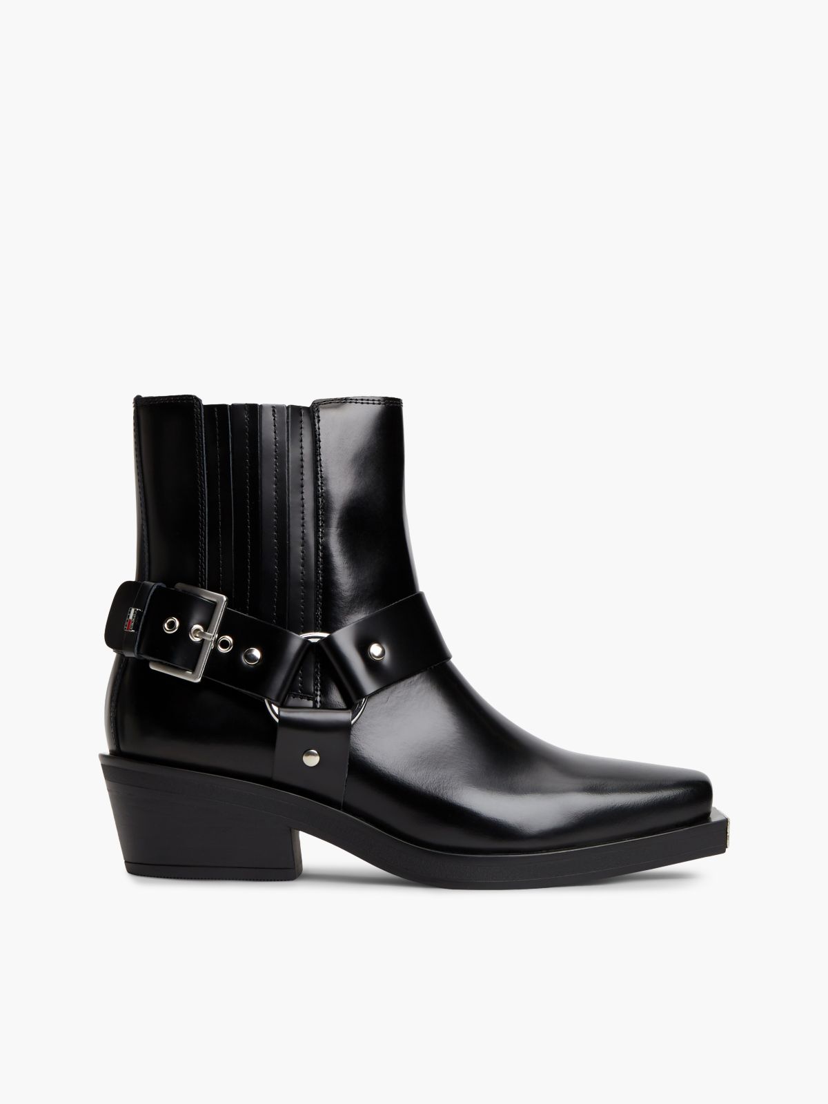 Leather Strap Buckle Western Boots — Black
