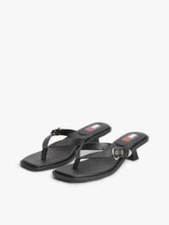 Leather Kitten Heel Toe Post Sandals — Black 2