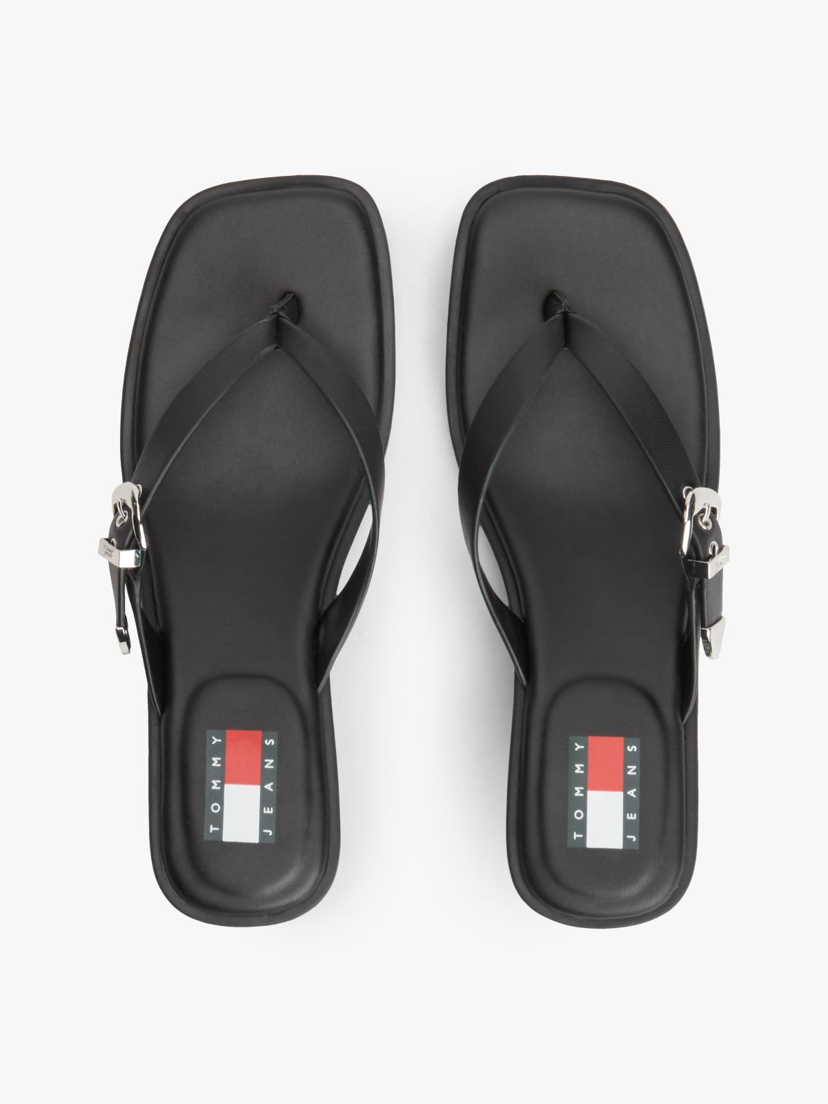 Leather Kitten Heel Toe Post Sandals — Black