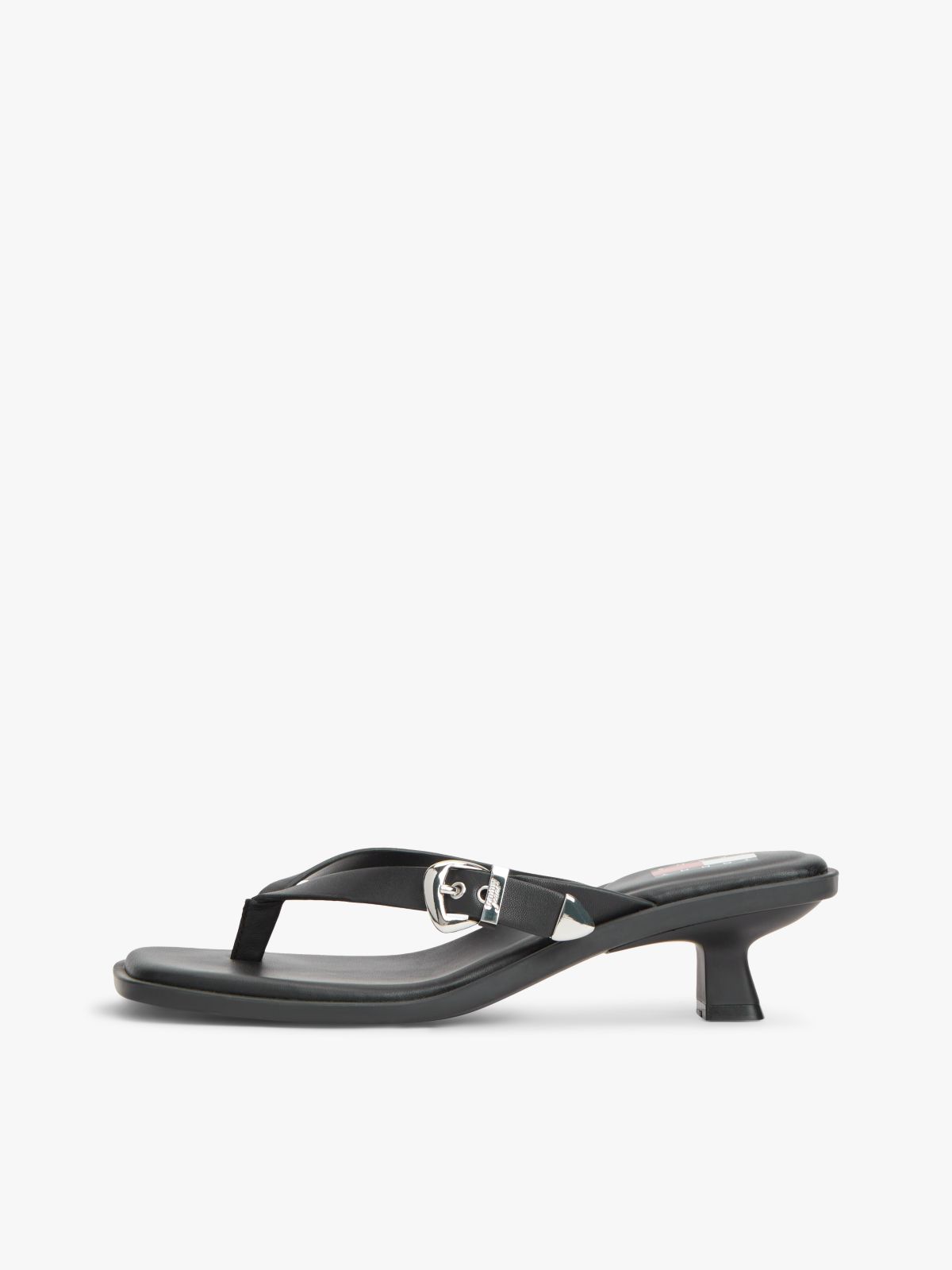 Leather Kitten Heel Toe Post Sandals — Black