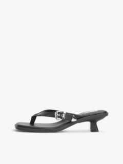 Leather Kitten Heel Toe Post Sandals — Black 7