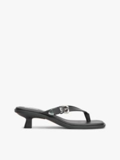 Leather Kitten Heel Toe Post Sandals — Black 1