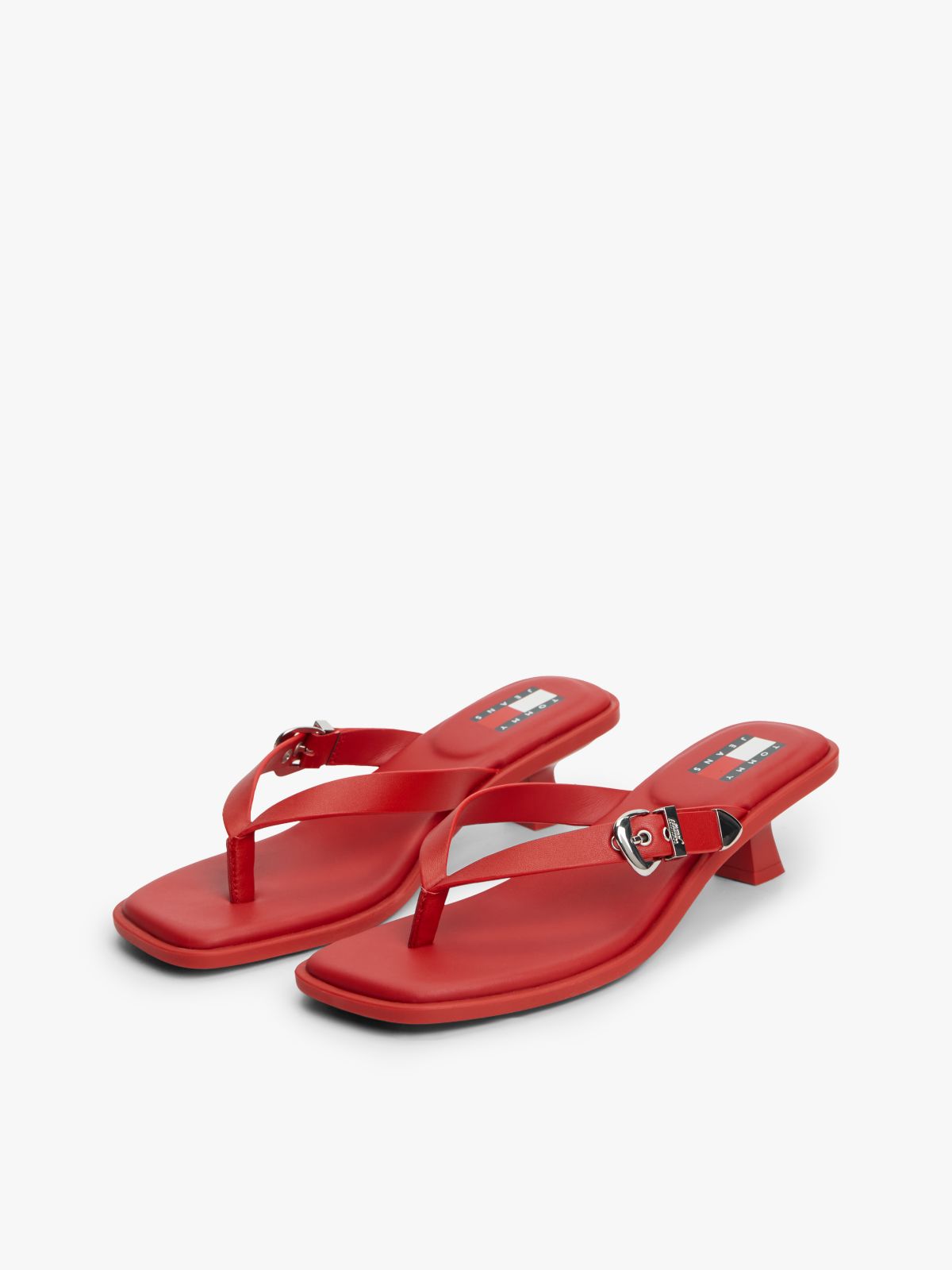 Leather Kitten Heel Toe Post Sandals — Red