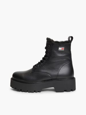 black archive leather warm lined platform lace-up boots for women tommy jeans