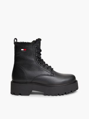 black archive leather warm lined platform lace-up boots for women tommy jeans