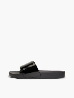 claquettes vernies à logo noir pour femmes tommy jeans