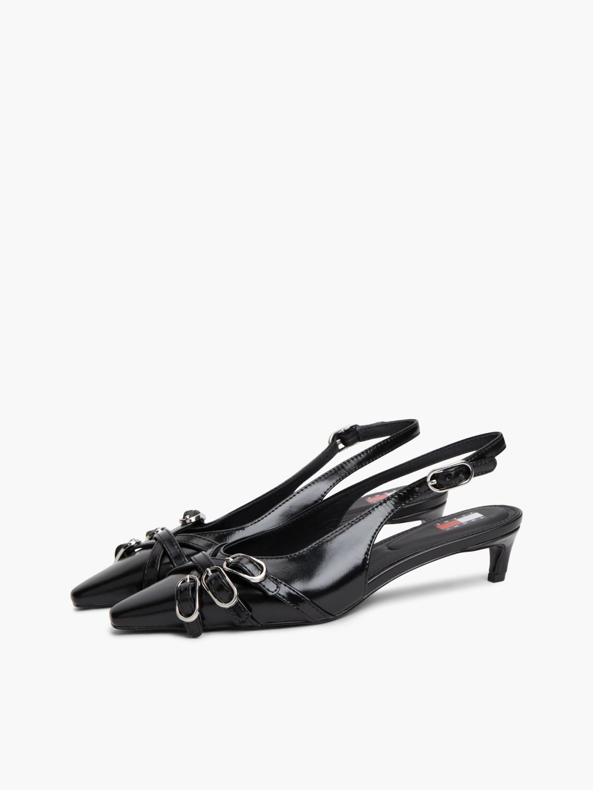 Leather Buckle Kitten Heel Slingbacks — Black