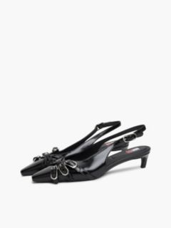 Leather Buckle Kitten Heel Slingbacks — Black 2