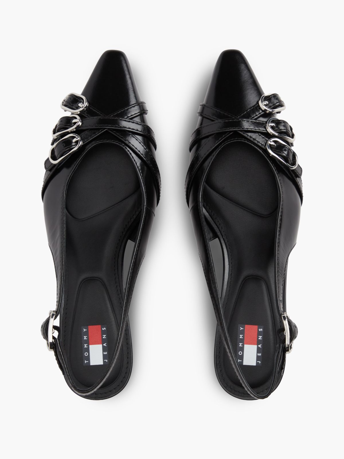 Leather Buckle Kitten Heel Slingbacks — Black