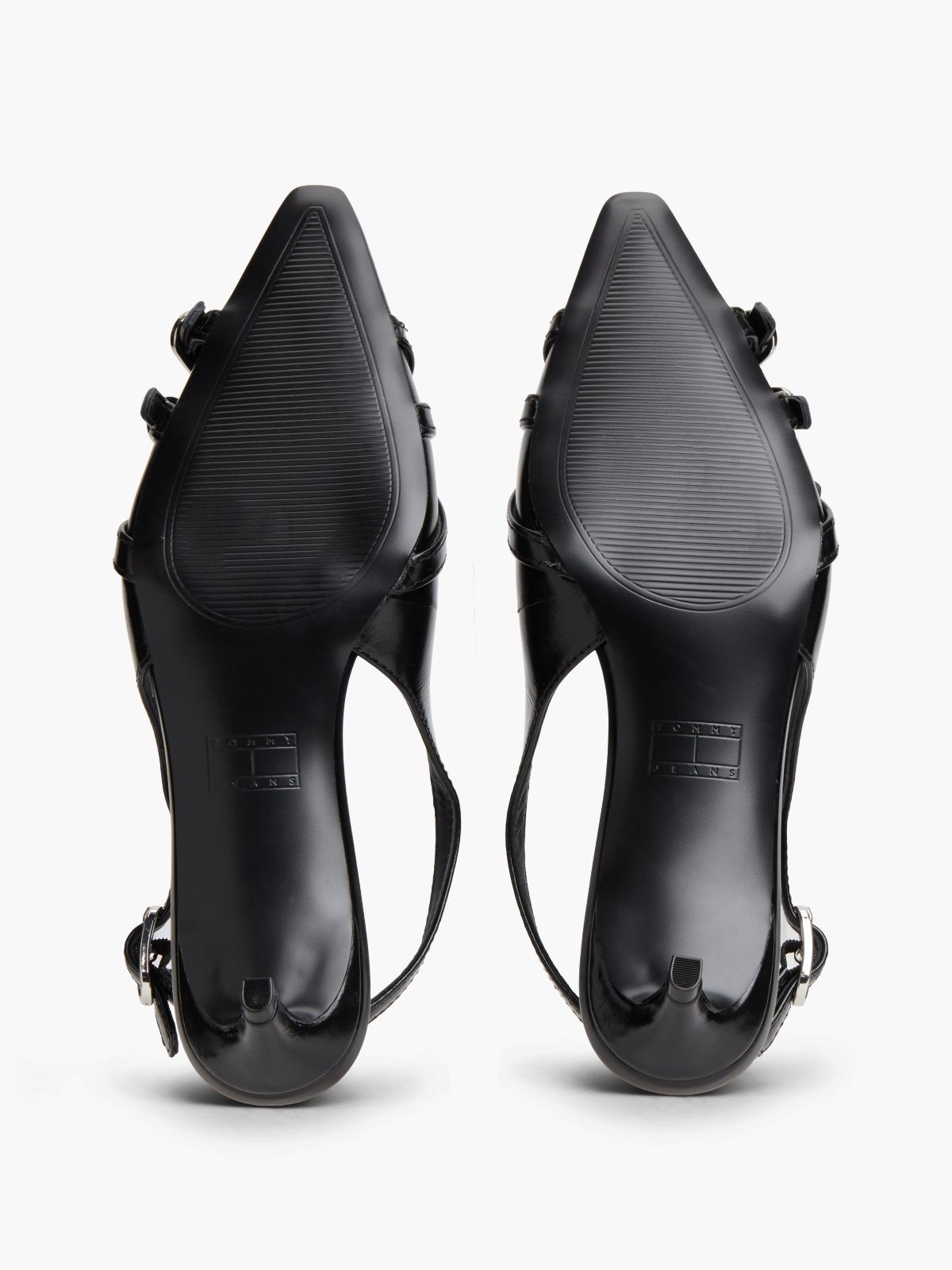 Leather Buckle Kitten Heel Slingbacks — Black