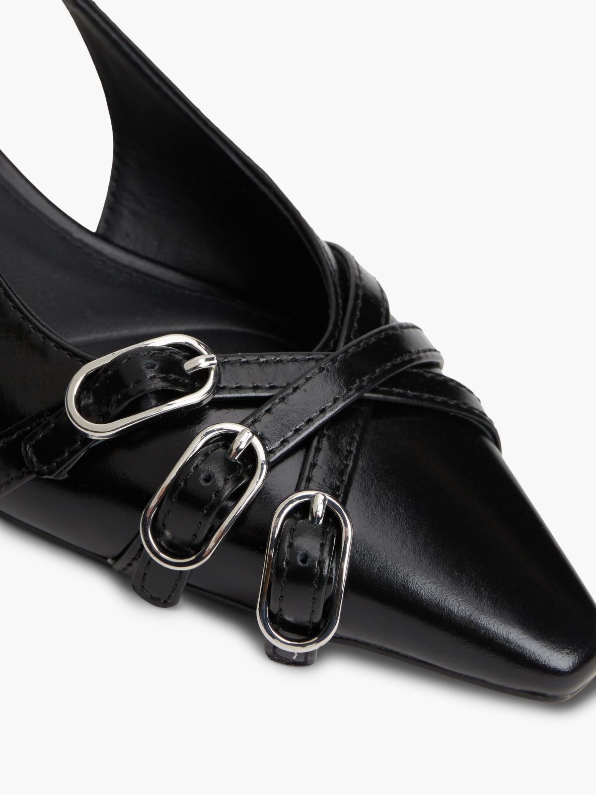 Leather Buckle Kitten Heel Slingbacks — Black