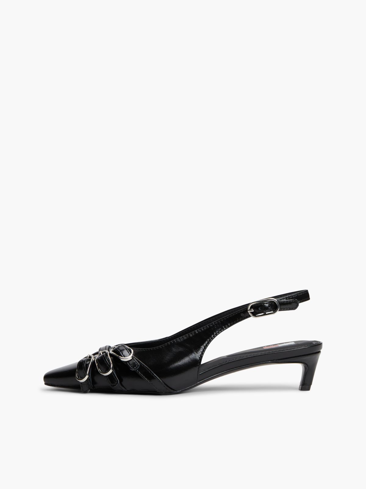 Leather Buckle Kitten Heel Slingbacks — Black