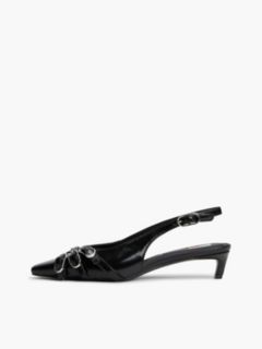 Leather Buckle Kitten Heel Slingbacks — Black 7