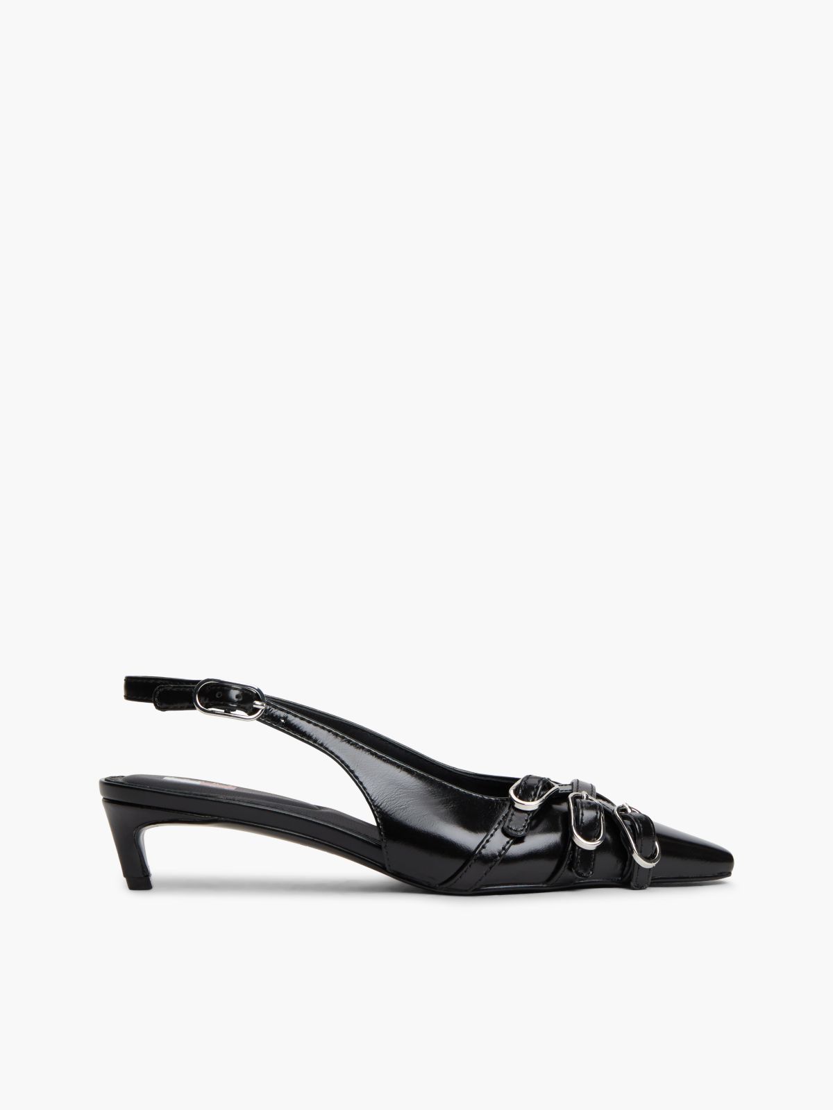 Leather Buckle Kitten Heel Slingbacks — Black
