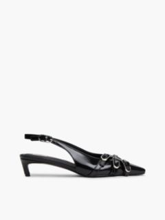Leather Buckle Kitten Heel Slingbacks — Black 1