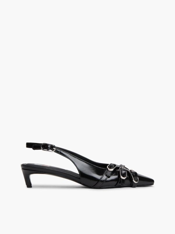 Leather Buckle Kitten Heel Slingbacks — Black