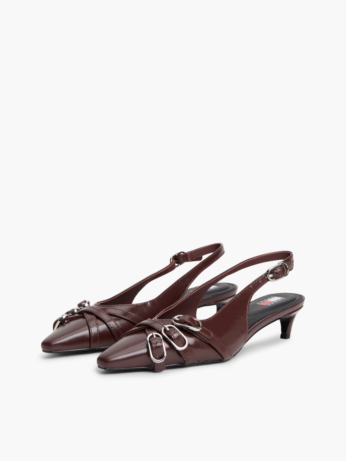 Leather Buckle Kitten Heel Slingbacks — Brown