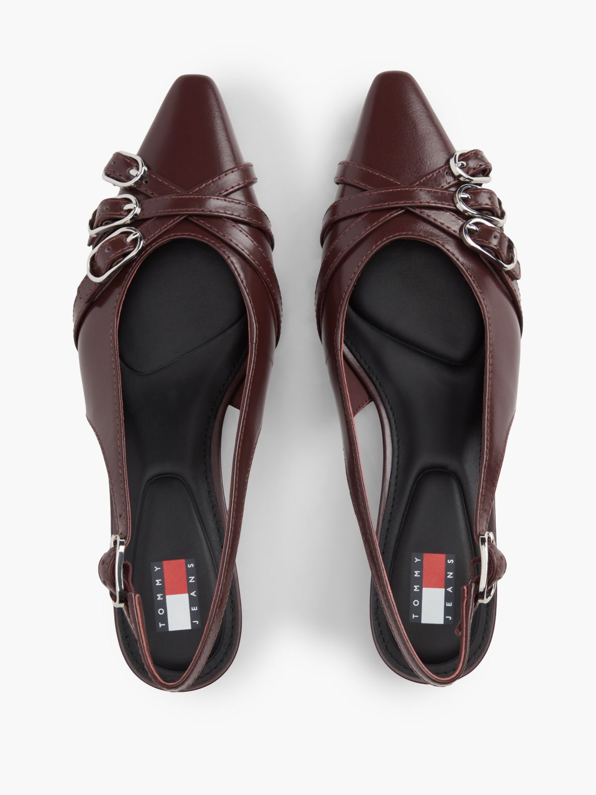 Leather Buckle Kitten Heel Slingbacks — Brown