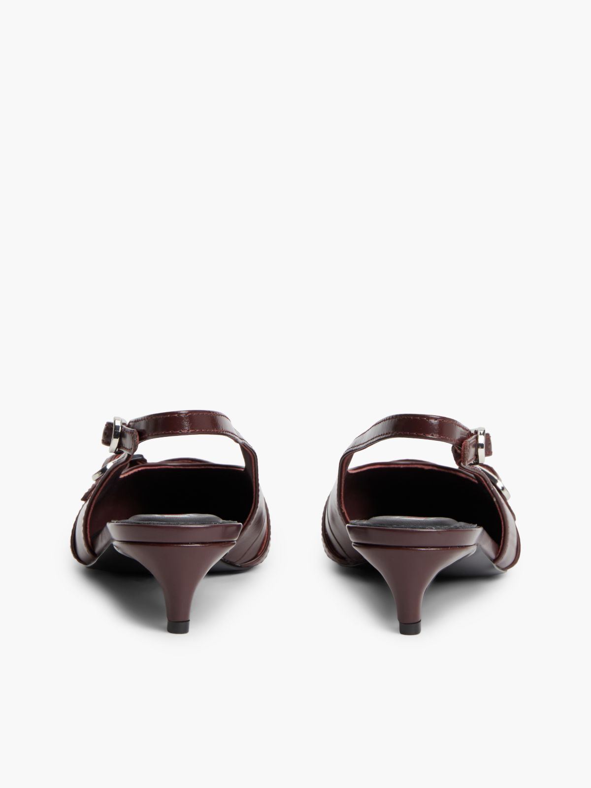Leather Buckle Kitten Heel Slingbacks — Brown