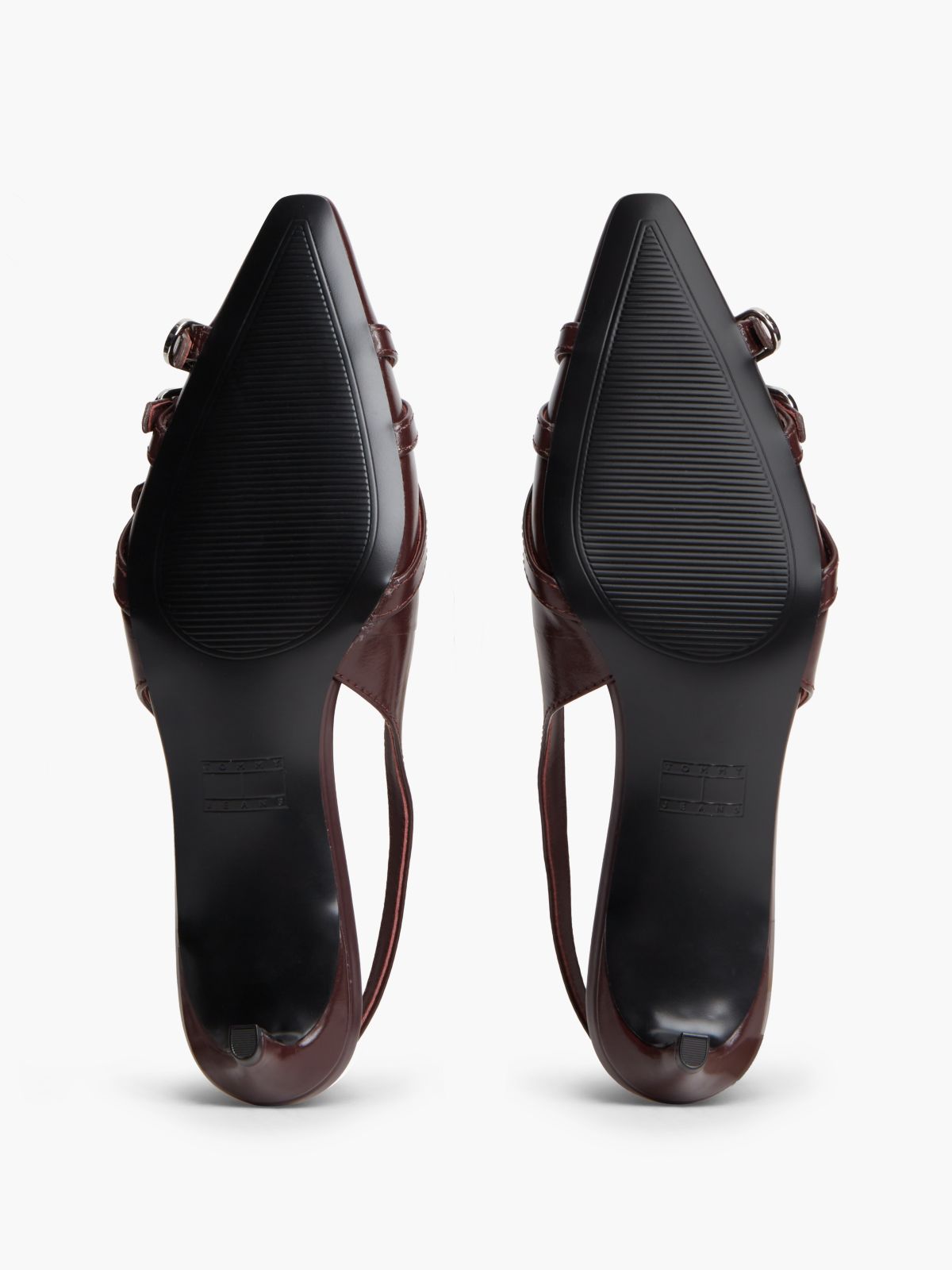 Leather Buckle Kitten Heel Slingbacks — Brown