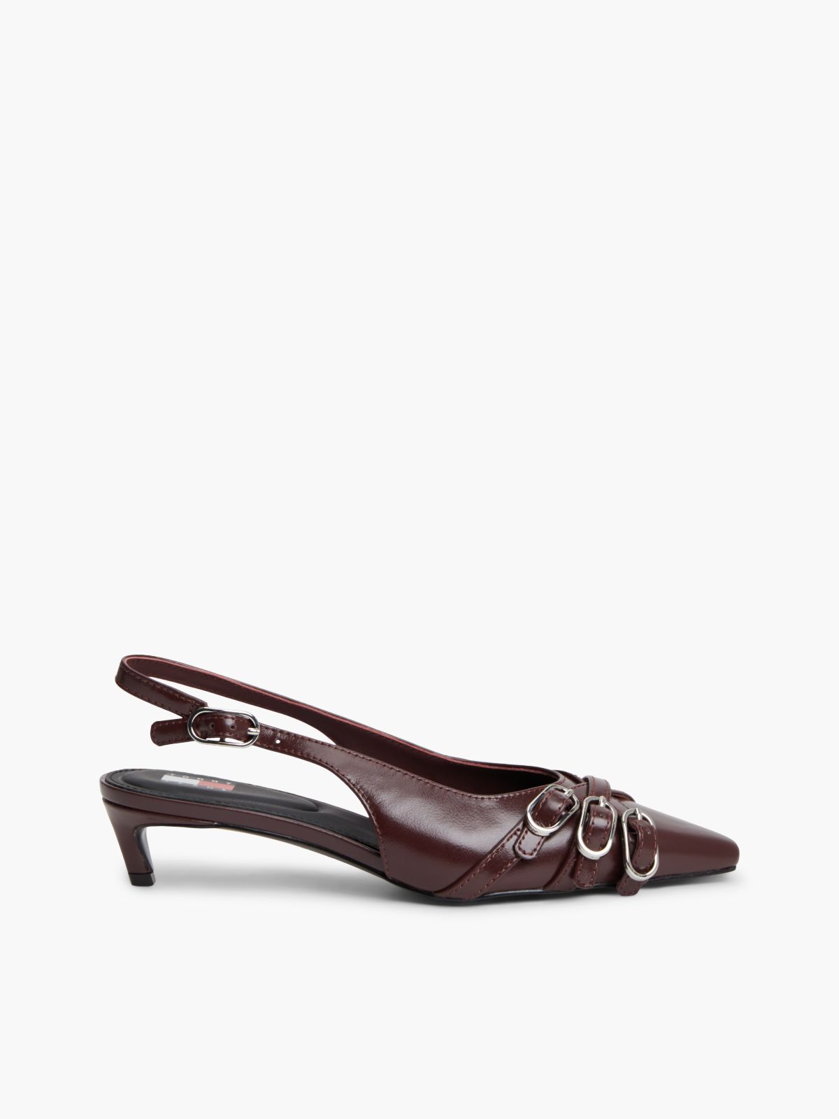 Leather Buckle Kitten Heel Slingbacks — Brown