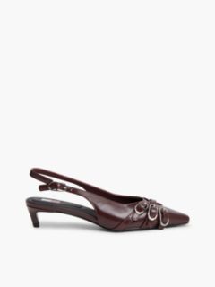 Leather Buckle Kitten Heel Slingbacks — Brown 1