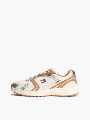 bruin metallic sneaker met gemengde texturen voor dames - tommy jeans