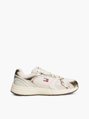 white metallic mixed texture trainers for women tommy jeans