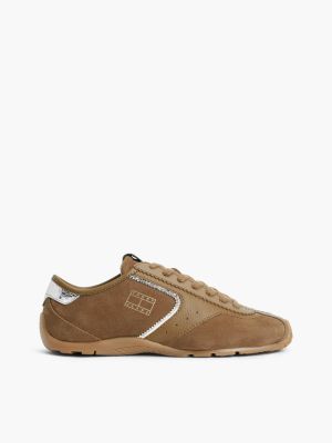 brown suede mixed texture archive runner trainers for women tommy jeans