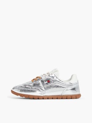 grijs lage leren metallic sneaker met profielzool voor dames - tommy jeans