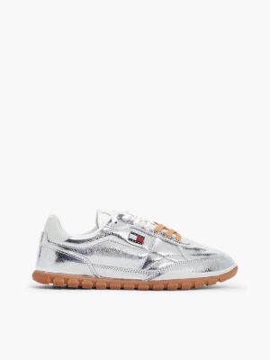 grey metallic leather cleat low profile trainers for women tommy jeans