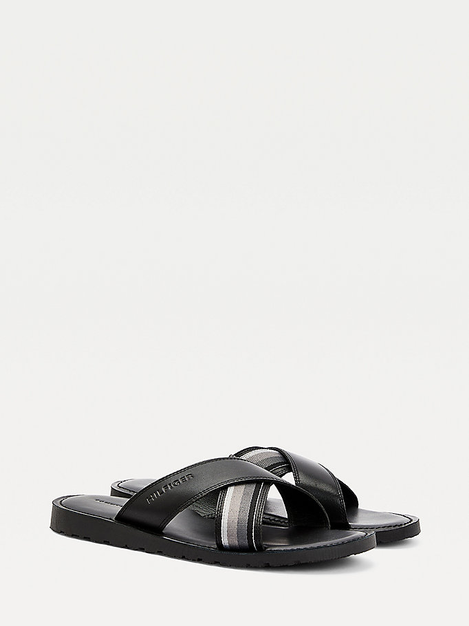 black criss cross leather sandals for men tommy hilfiger
