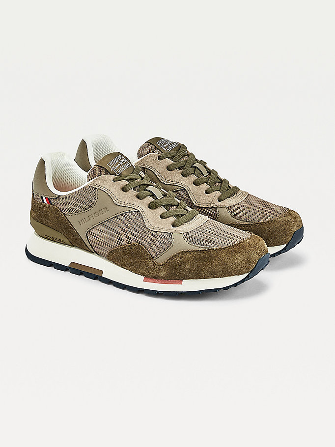 khaki mixed panel retro trainers for men tommy hilfiger