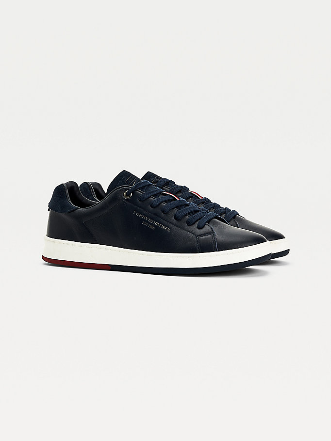 blue retro leather cupsole tennis trainers for men tommy hilfiger