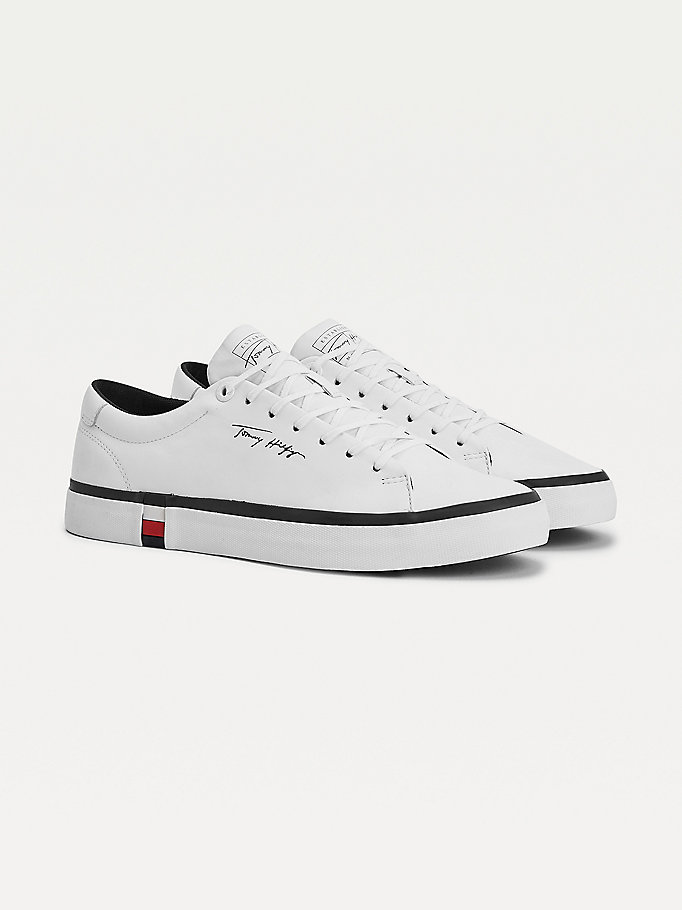 white modern signature vulcanised leather trainers for men tommy hilfiger
