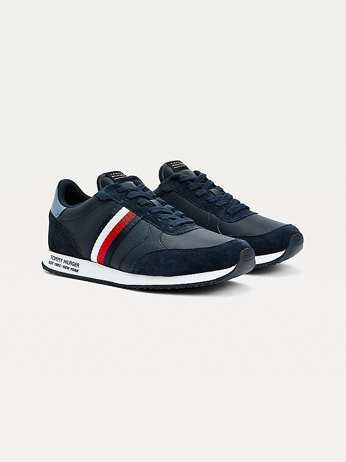 blue leather mix signature tape trainers for men tommy hilfiger