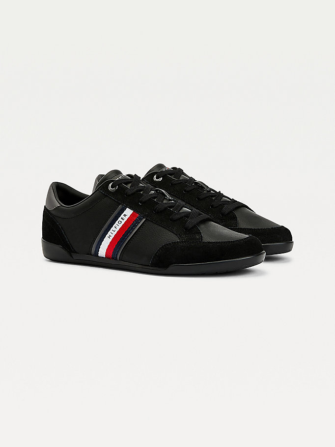 black signature mixed panel leather trainers for men tommy hilfiger